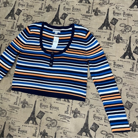 American Eagle NWT! Colorful Striped Long Sleeve Stretch Crop Top Size XL - Picture 8 of 14